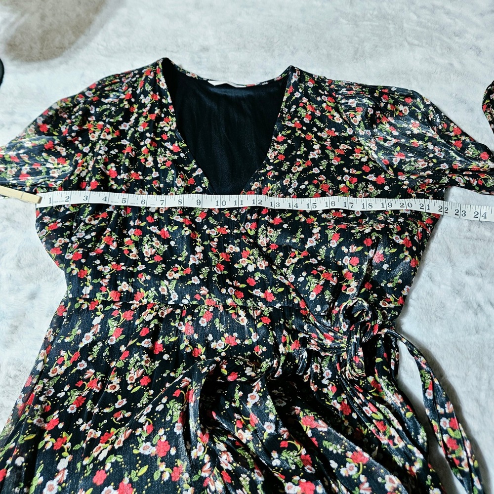 Lauren Conrad Black Floral Pleated Wrap Midi Dress XL Boho Shimmer Cottagecore - Picture 8 of 11